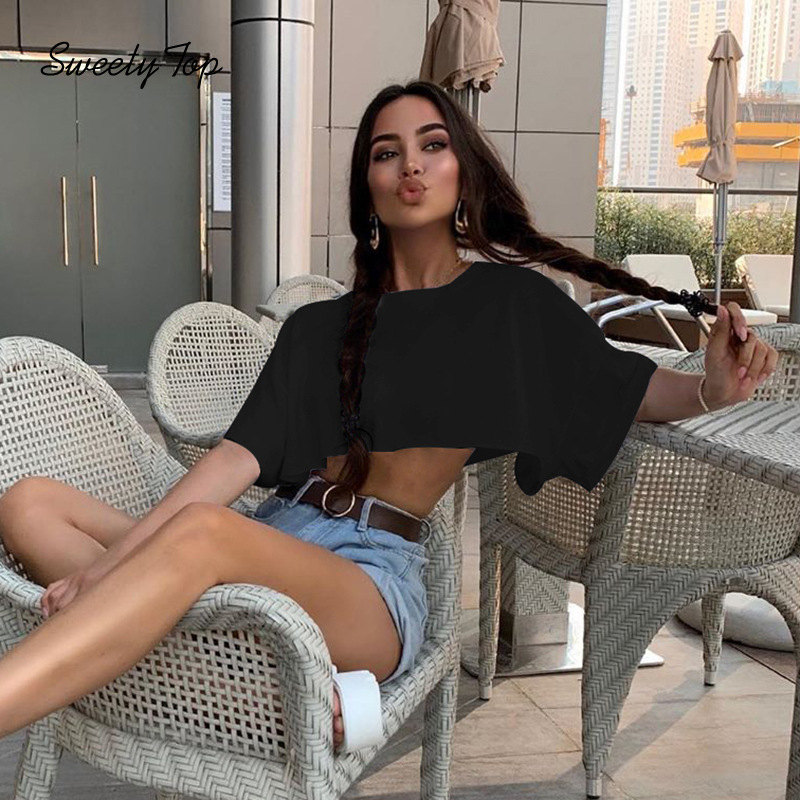 Áo Croptop Dáng Rộng Ngắn Tay Màu Trơn Đơn Giản Thời Trang Mới Cho Nữ