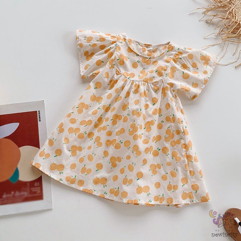 Đầm Tay Ngắn In Hình Quả Cam Dễ Thương Cho Bé Gái