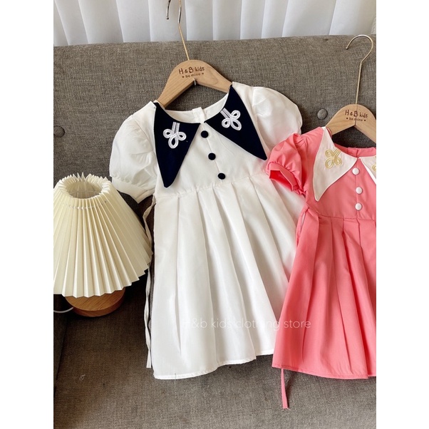 Xả Váy cổ nhọn thêu 2 màu cho bé gái