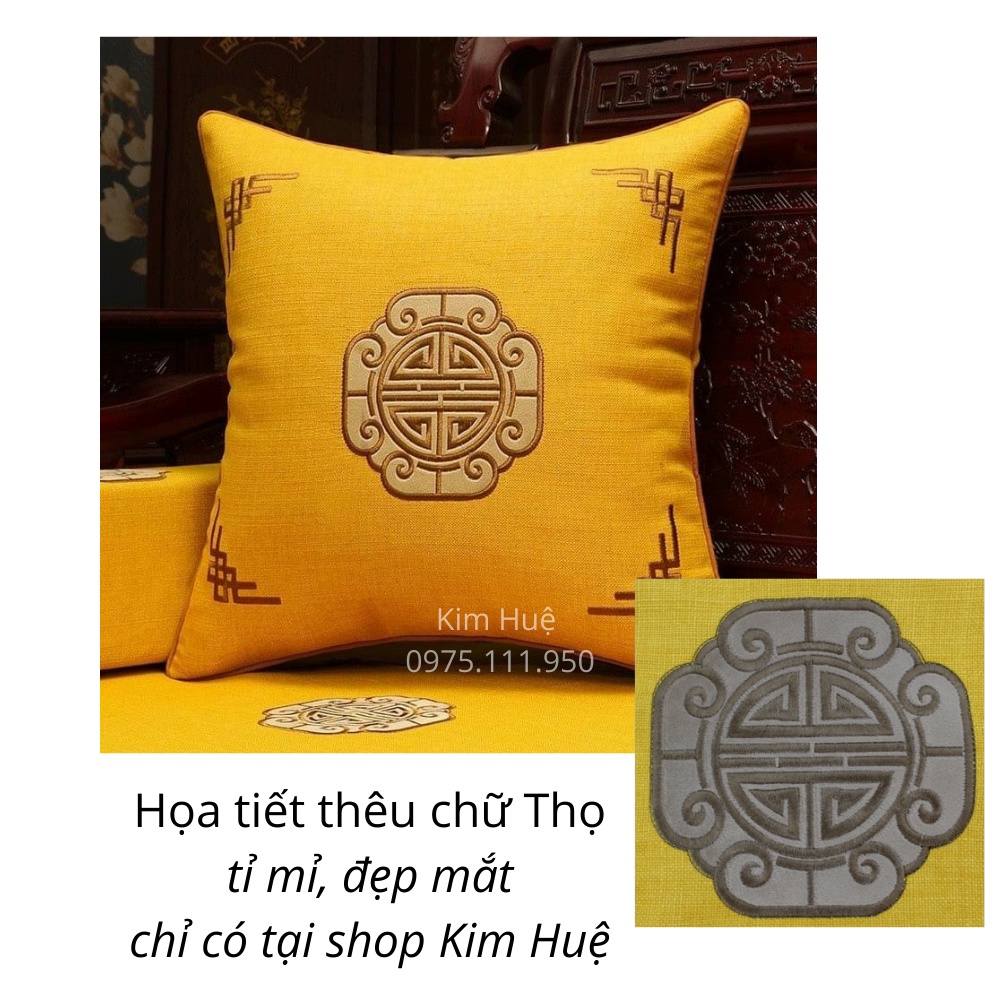 Gối tựa lưng sofa vuông 45x45cm thêu chữ thọ đẹp sang trọng Kim Huệ Decor