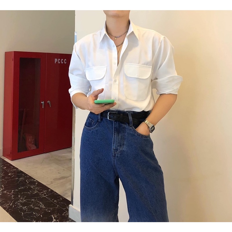 SIAM SƠMI DÀI TAY MÀU TRẮNG ĐEN 2 TÚI TRƯỚC