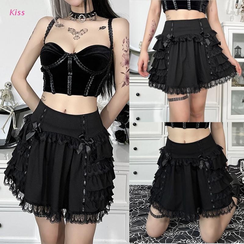 Chân Váy Chữ A Xếp Ly Lưng Cao Cột Nơ Phối Ren Phong Cách Goth Thời Trang Cho Nữ