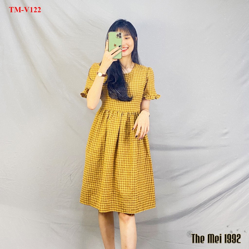 Váy suông nữ The Mei 1992- Đầm bầu bigsize cổ vuông chất cotton cao cấp mát mịn kẻ caro tay ngắn siêu xinh