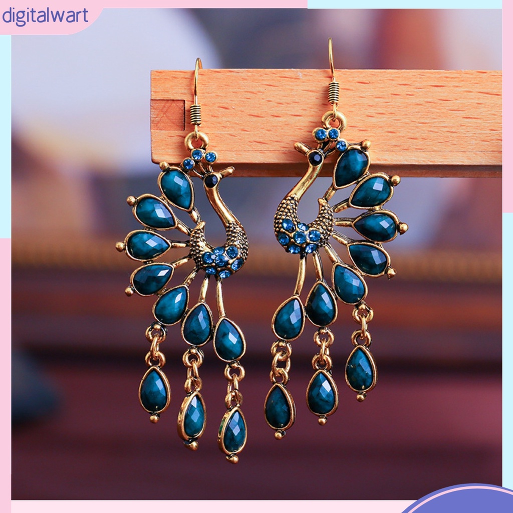 1 Đôi Bông Tai Dáng Dài Hình Chim Công Đính Đá Trang Nhã