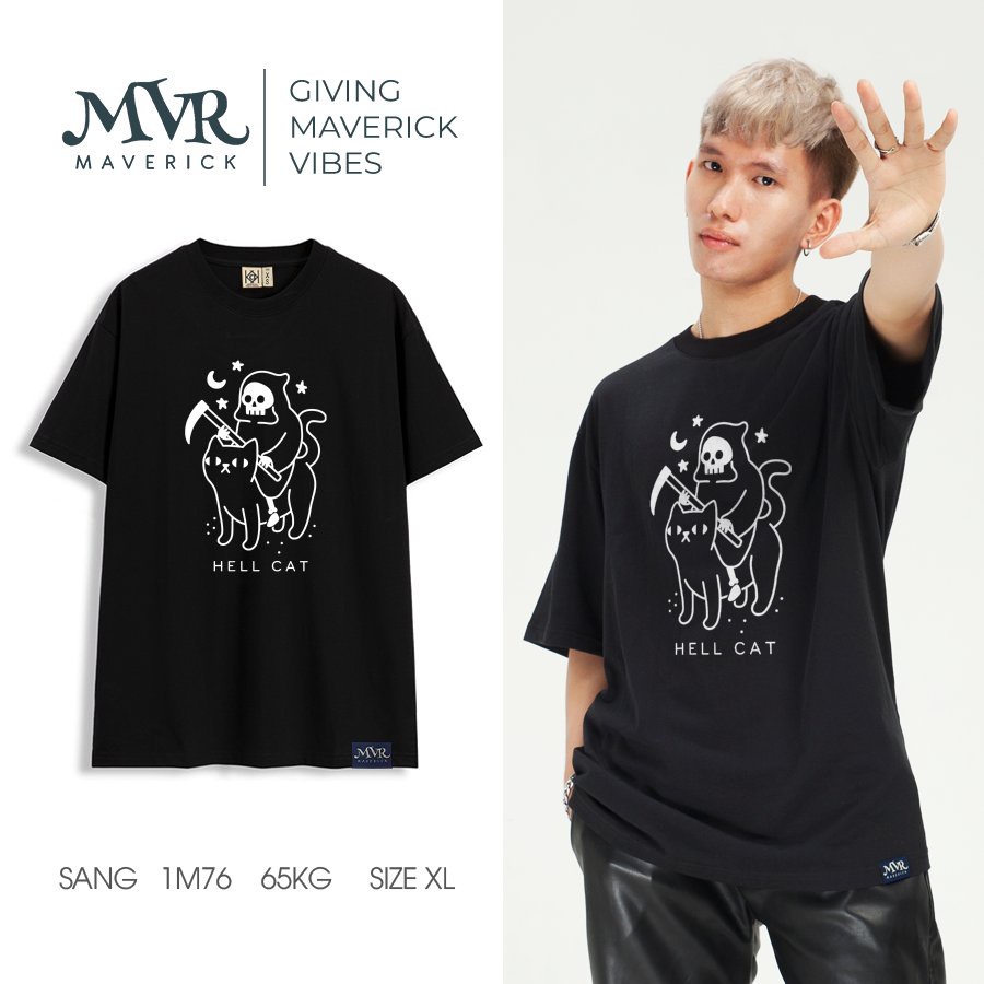 Áo thun nam nữ tay lỡ Cotton thoáng mát Thần chết cưỡi mèo MVR KK3954