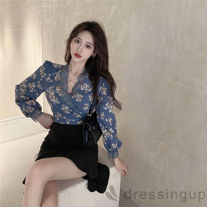 Áo Nữ Tay Dài Cổ Chữ V Họa Tiết Hoa Thanh Lịch