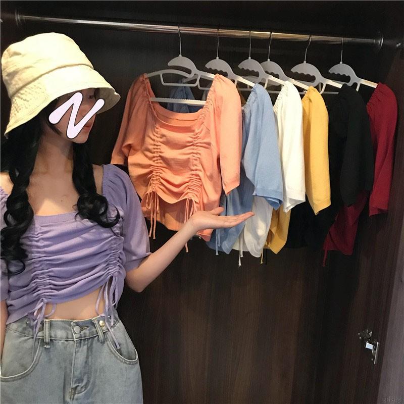 Áo Croptop Dệt Kim Tay Ngắn Phối Dây Rút Phong Cách Hàn Quốc