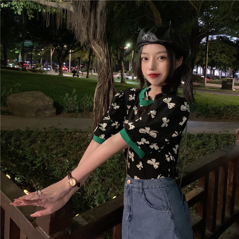 Áo thun ZHELIHANGFEI tay phồng ngắn dáng rộng in hình nơ thời trang hè mới 2022 cho nữ