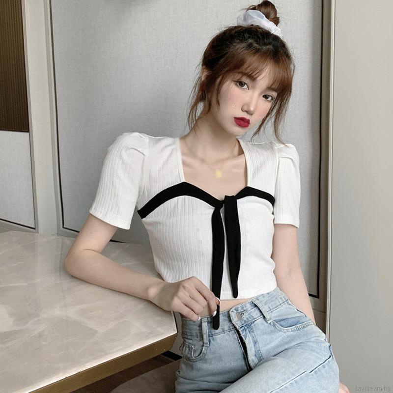 Áo kiểu croptop dệt kim tay ngắn cổ vuông thắt nơ phong cách thời trang mùa hè dành cho nữ