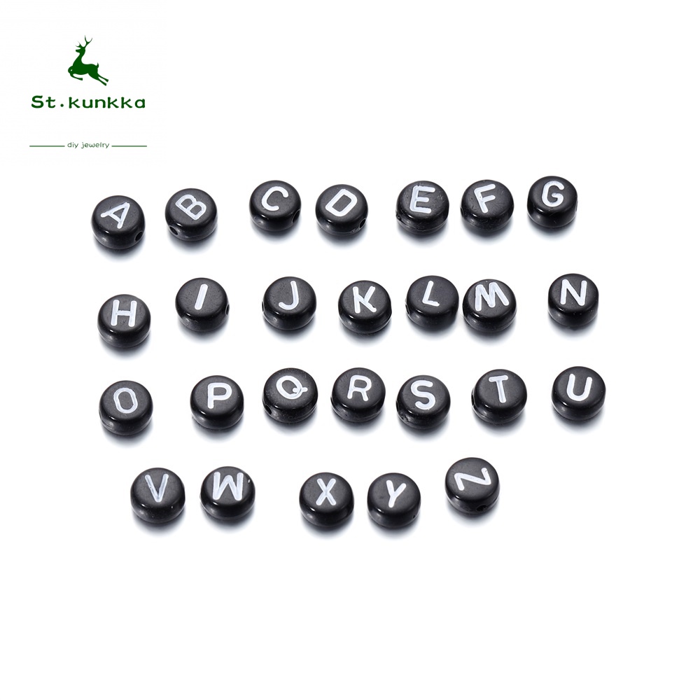 Set 100 hạt xâu ST.KUNKKA làm trang sức hình chữ cái màu đen bằng acrylic 7mm