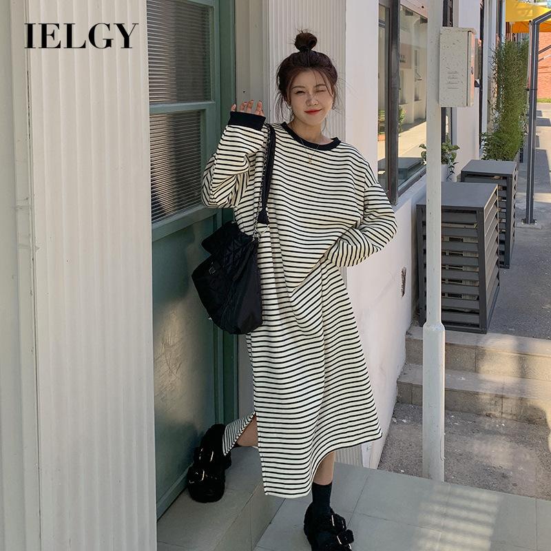 Đầm dài IELGY tay dài kẻ sọc xẻ tà thời trang Hàn Quốc cho nữ