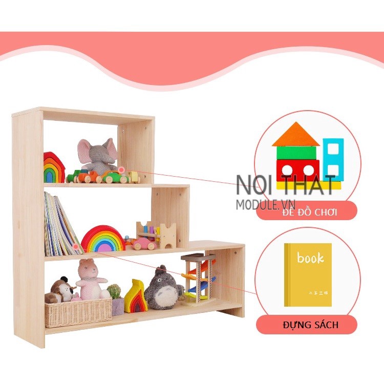 Kệ tủ đựng đồ chơi, sách vở cho bé hình bậc thang chất liệu gỗ thông tự nhiên an toàn cho bé