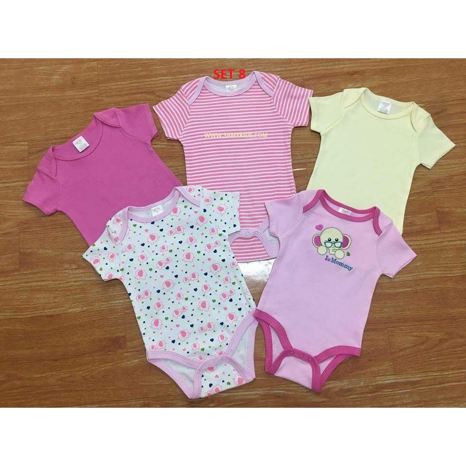 Set 5 bộ body suit cộc tay cho bé từ 0-9 tháng. 100% cotton mềm mịn thoáng an toàn cho trẻ sơ sinh set1