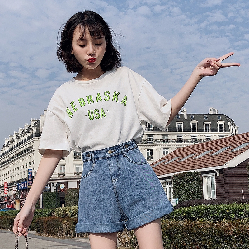 Quần đùi denim ống rộng lưng cao dành cho nữ