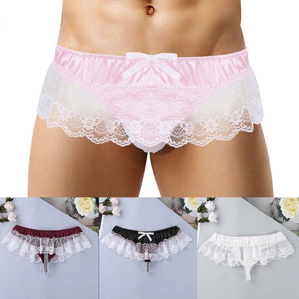 Quần lót nam G-String vải satin ren xuyên thấu gợi cảm