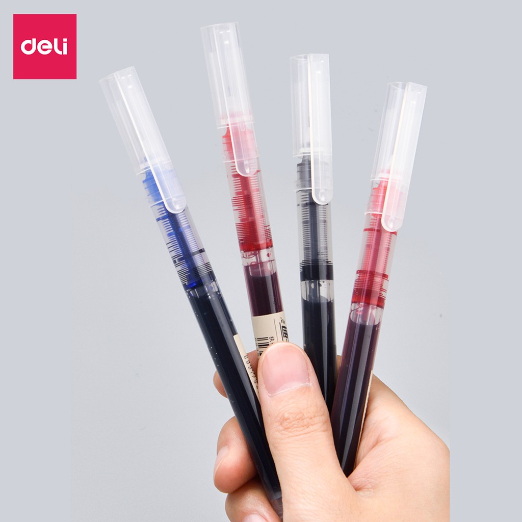 Bút bi nước mực gel nhanh khô ngòi 0.5mm Deli viết thư pháp cho học sinh văn phòng màu xanh đen đỏ ống mực liền S856