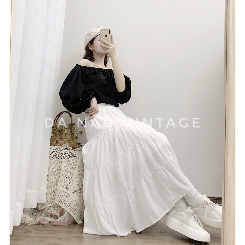 Chân váy voan lụa midi nữ dáng dài màu trơn phân tầng – Da Nâu Vintage