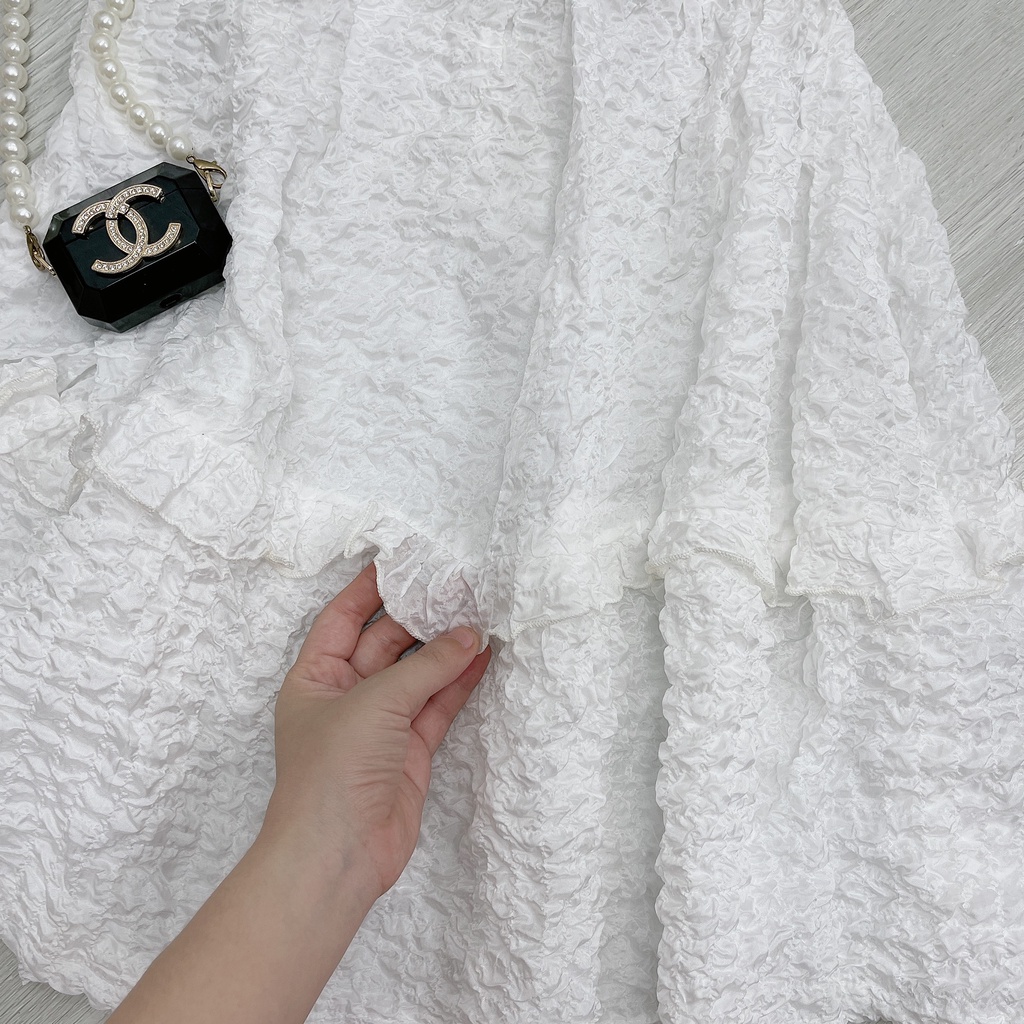 Váy xốp trắng cổ vuông tay bồnghot hit, tiểu thư, cá tính - Hàng có sẵn - Xưởng may Lộc Vân - V45