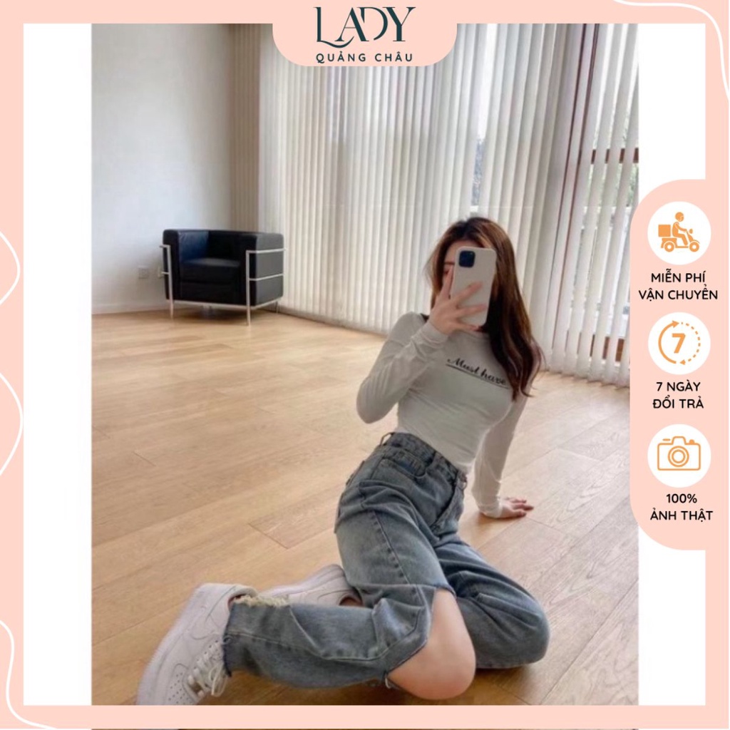 Quần jeans Quảng Châu nữ rách gối form ống suông rộng, jean form rộng baggy cá tính năng động