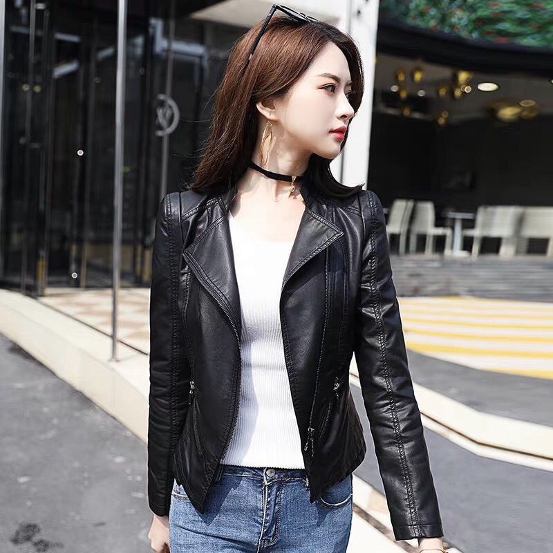 Áo khoác da cổ đứng dáng ôm thời trang Hàn Quốc sành điệu cho nữ
