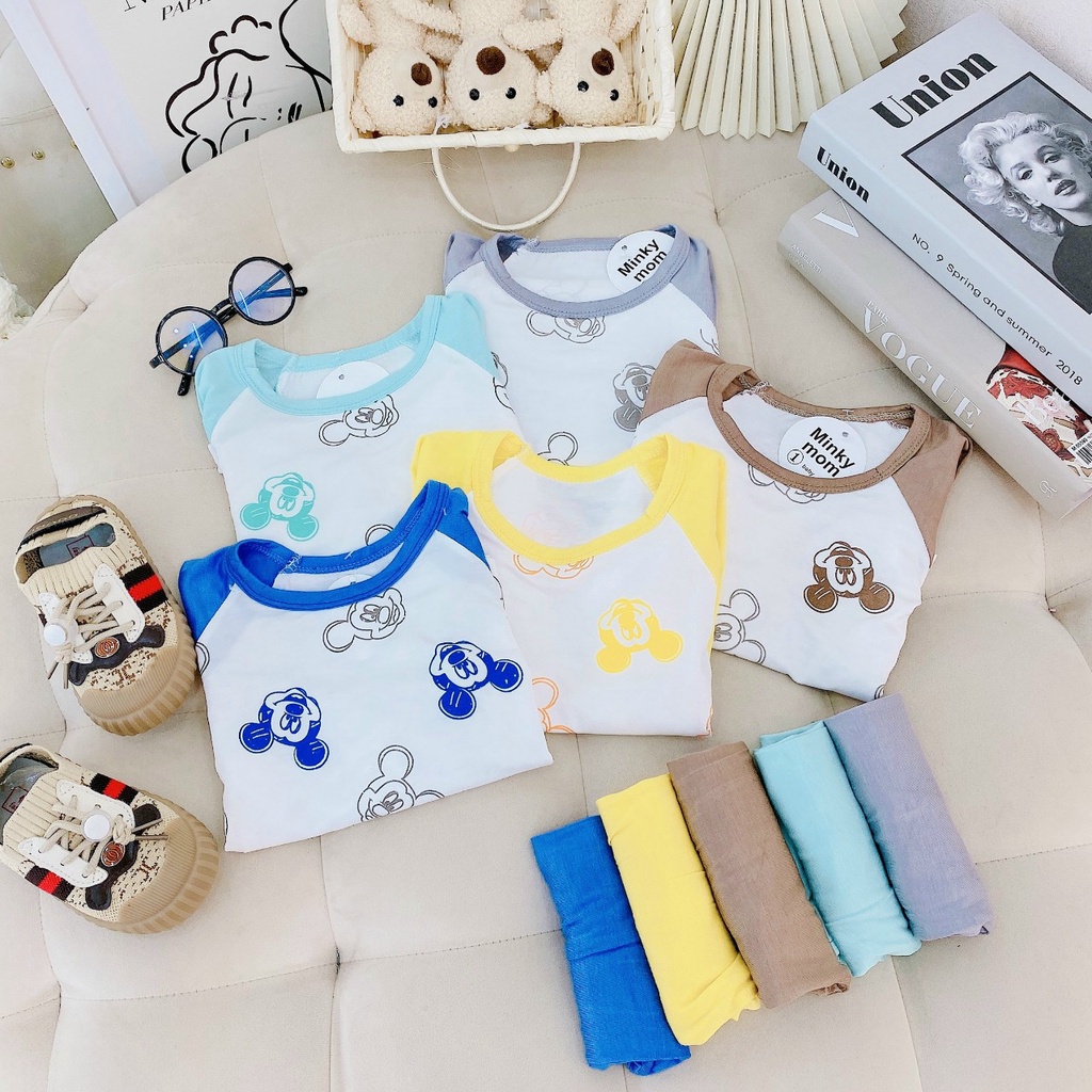 Bộ dài tay thun lạnh minky mom thu đông cho bé trai bé gái áo trắng quần mau