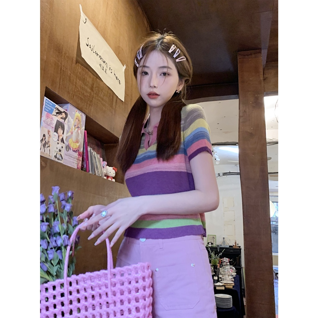 Porozi  Áo polo  ngắn tay họa tiết kẻ sọc thời trang Hàn Quốc cho nữ