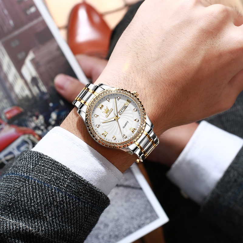 OLEVS 5565 đồng hồ nam chính hãng cao cấp chống nước dây thép đính đá đẹp vàng màu xanh lá trắng | BigBuy360 - bigbuy360.vn