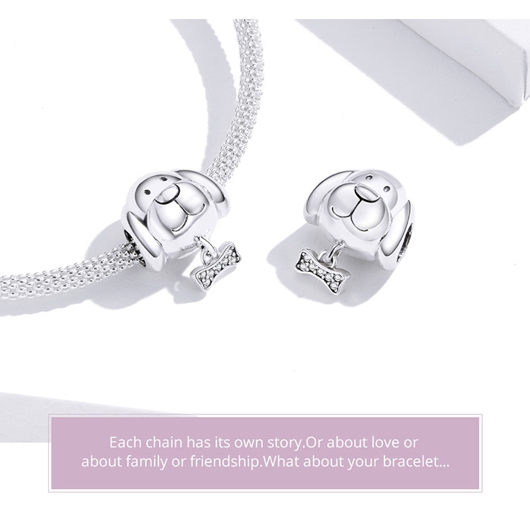 Hạt xâu trang sức Bamoer BSC244 bằng bạc Sterling 925 hình chú cún và xương dùng làm trang sức vòng tay cho nữ