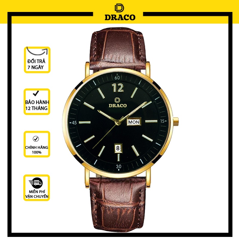 Đồng hồ nam Draco D21-ST01 "The First boy" VÀNG ĐEN DÂY DA NÂU- thời trang nam