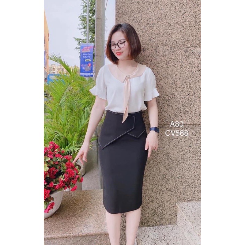 chân váy bút chì dáng dài qua gối có vạt che bụng trần chỉ