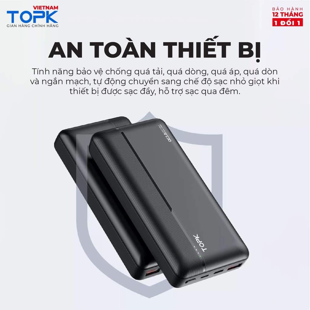 Sạc dự phòng 20000mAh TOPK I2015P - Sạc nhanh PD QC 3.0 18W - 2 cổng ra - Hàng chính hãng - Bảo hành 12 tháng 1 đổi 1