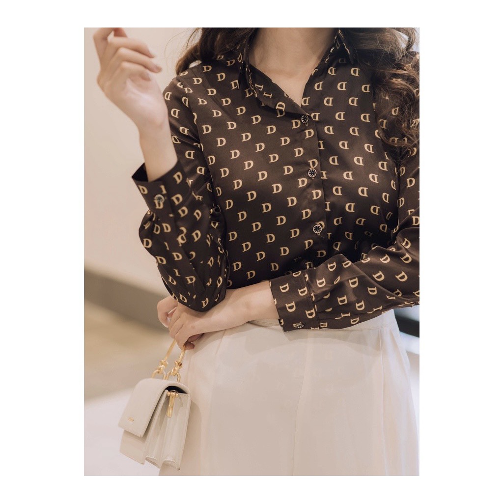 Áo sơ mi họa tiết chữ D nữ nâu, sơ mi lụa cao cấp công sở đẹp thiết kế MQ BOUTIQUE