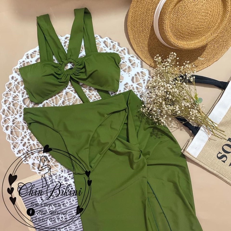 Set bikini 3 mảnh màu xanh rêu cực hot kèm ảnh thật