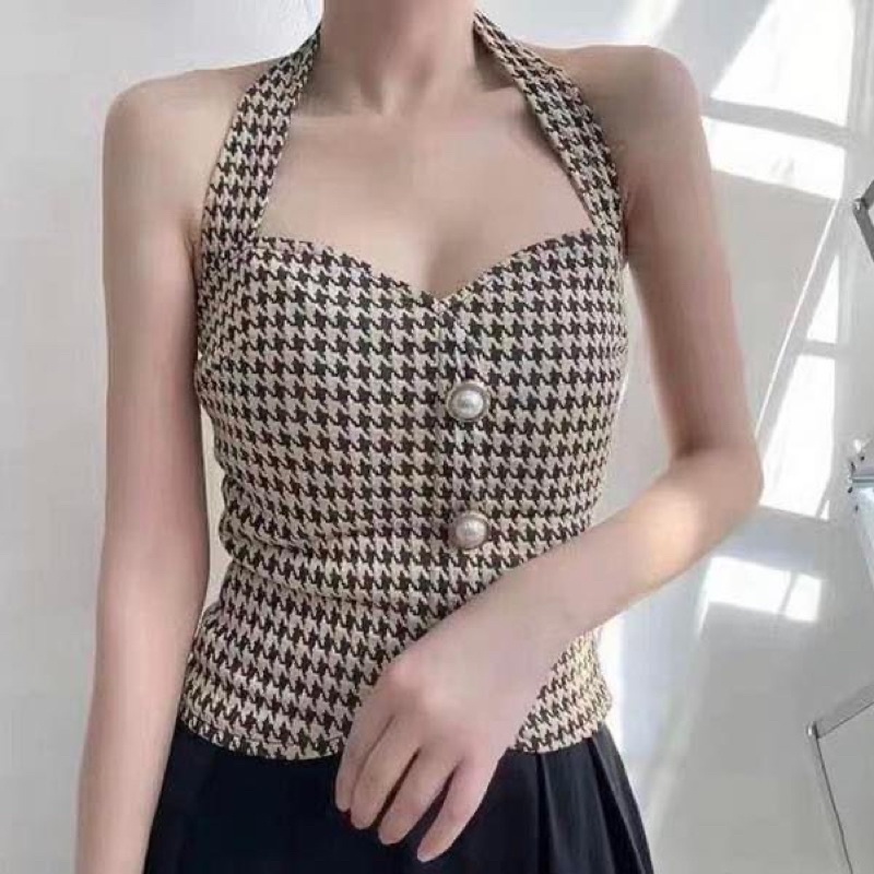 Áo yếm nữ hai dây croptop ren ôm sát cúp ngực sọc caro hở lưng - Order taobao quảng châu
