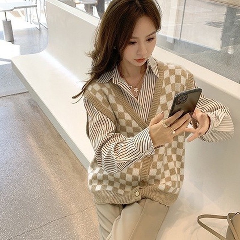 Áo cardigan dệt kim kẻ caro thời trang 211201
 | BigBuy360 - bigbuy360.vn