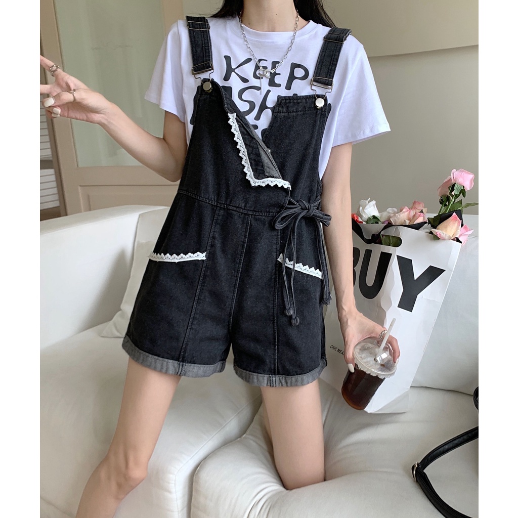 Quần Short Yếm Jean Màu Đen Thời Trang Mùa Hè 2022