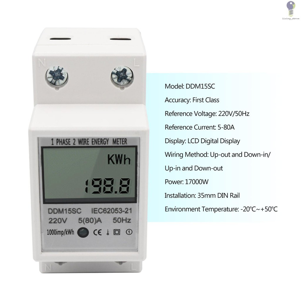 ving-LCD Digital Display Single Phase DIN-Rail Energy Meter 5-80A 220V 50Hz Electronic KWh Meter Power Consumption Monitor DDM15SC