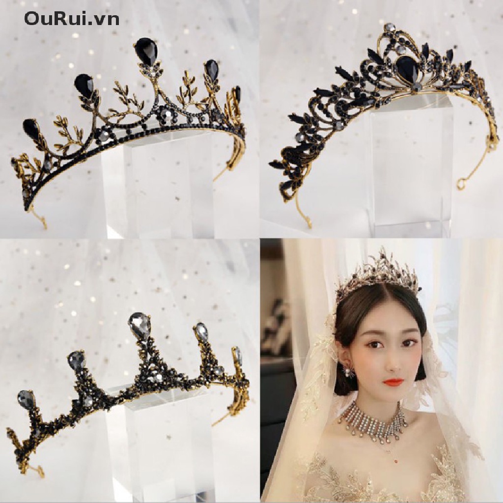 1 Vương Miện Cô Dâu Đính Pha Lê Đen Phong Cách retro