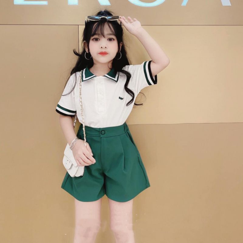 Sét cặp áo La cos Polo xanh quần kaki bé trai, bé gái size từ 8 đến 28kg.