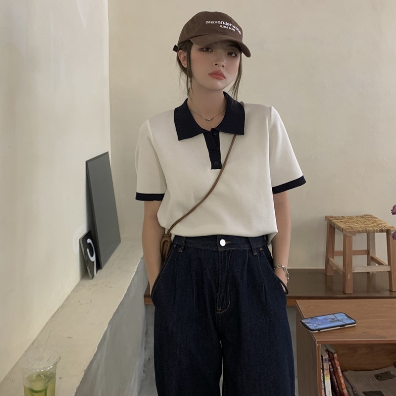 Áo polo dệt kim ngắn tay thời trang xuân thu Pháp