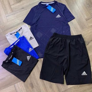 Bộ Thể Thao Nam, Cổ Tròn, Họa Tiết, Áo Vải Lạnh Mát Mẻ, Quần Vải Gió