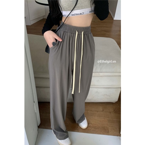 Quần ống rộng Lưng Cao Phối Dây Rút 3 Màu Thời Trang Cho Nữ