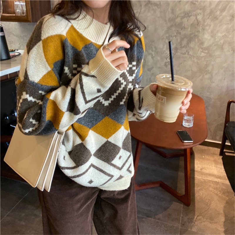 SUXI Áo sweater dáng rộng cổ cao họa tiết nhiều màu thời trang mùa thu cho nữ