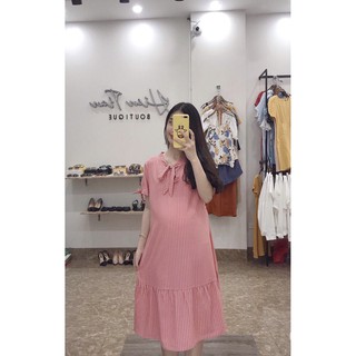 Váy bầu lụa cộc tay nơ kẻ