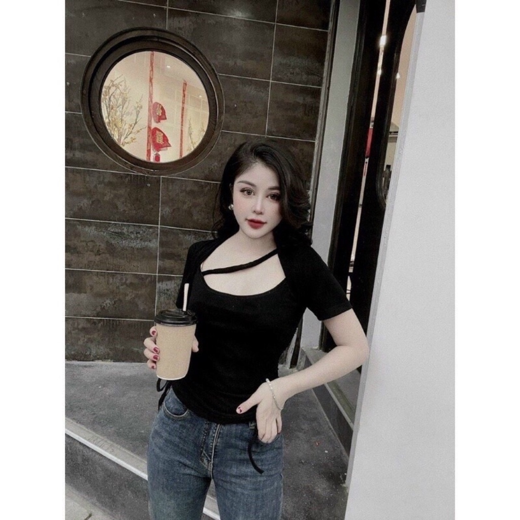 Áo croptop tay ngắn kiểu dây chéo cổ dây rút hông , áo thun nữ thời trang