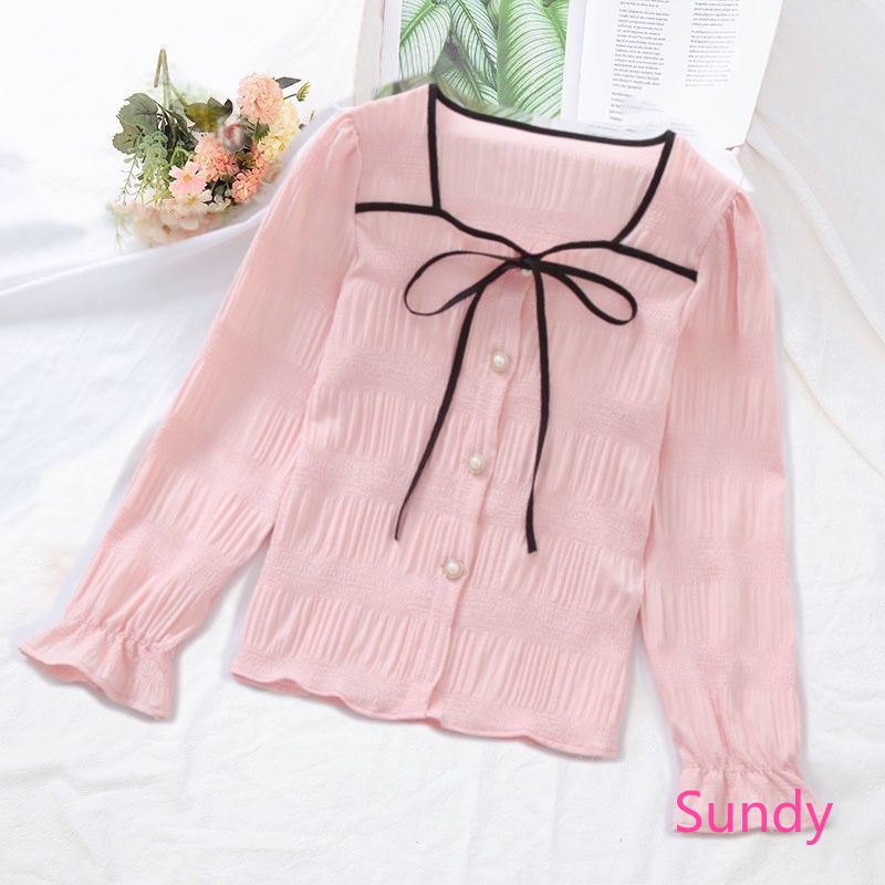 Áo sơ mi voan tay dài cổ vuông thắt nơ thanh lịch thời trang công sở cho nữ