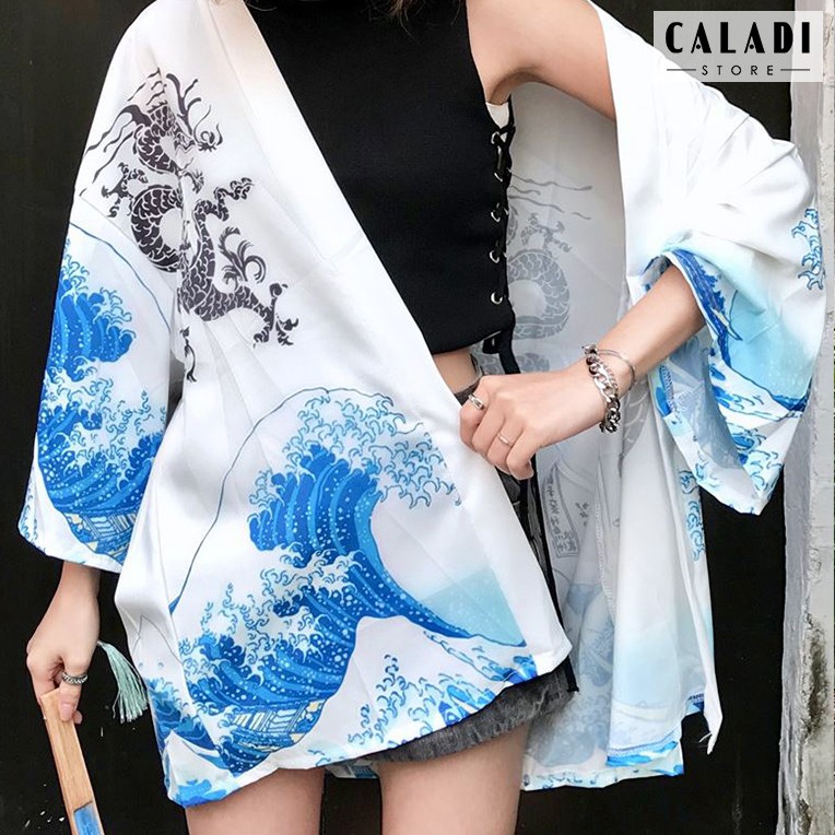 Áo khoác cardigan Kimono Haori đi biển hoạ tiết sóng biển
