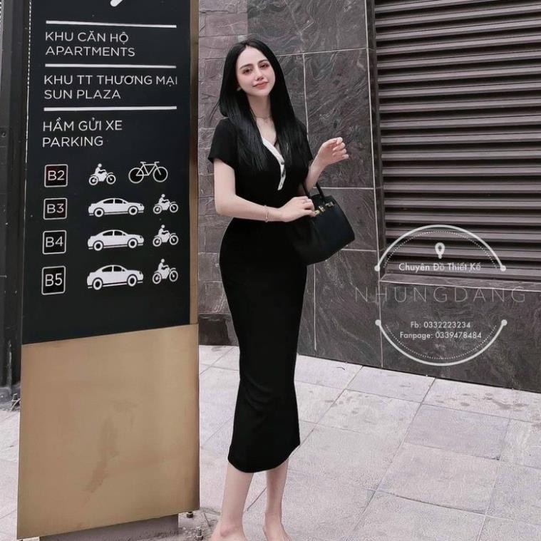 Váy Body Thun Tăm Cổ V Dáng Dài - Váy Đầm Thun Gân Cao Cấp
