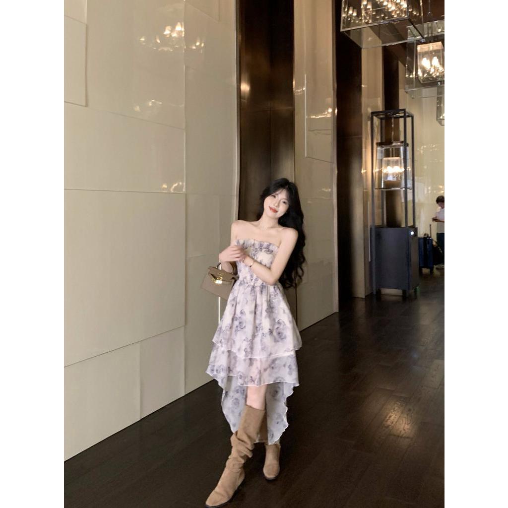 Đầm Dài Dáng Chữ A Hở Vai In Họa Tiết Hoa Hồng Nhẹ Nhàng Thanh Lịch