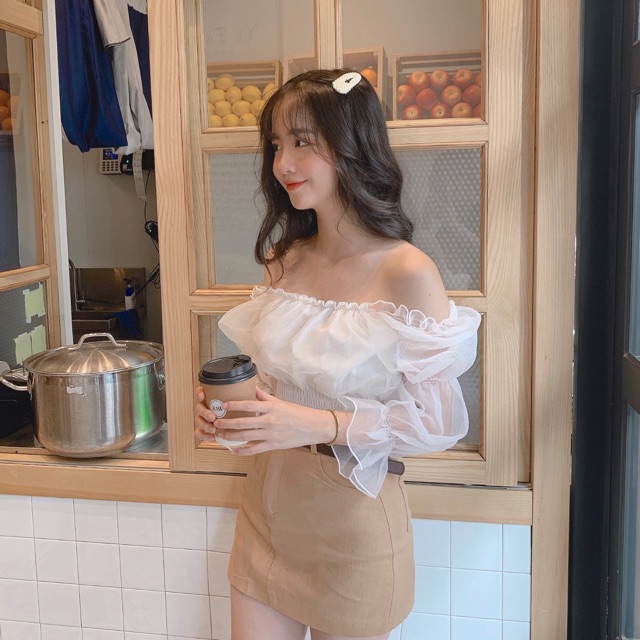 Áo croptop phối voan mây ulzzang Áo trễ vai Jna Official